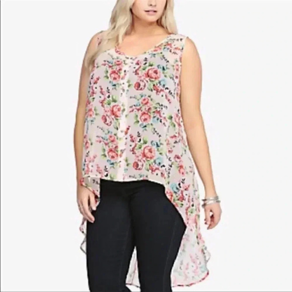 torrid Tops - Torrid Size 1 1X 14/16 Button Down Floral Chiffon Hi Low Sleeveless Tunic Blouse